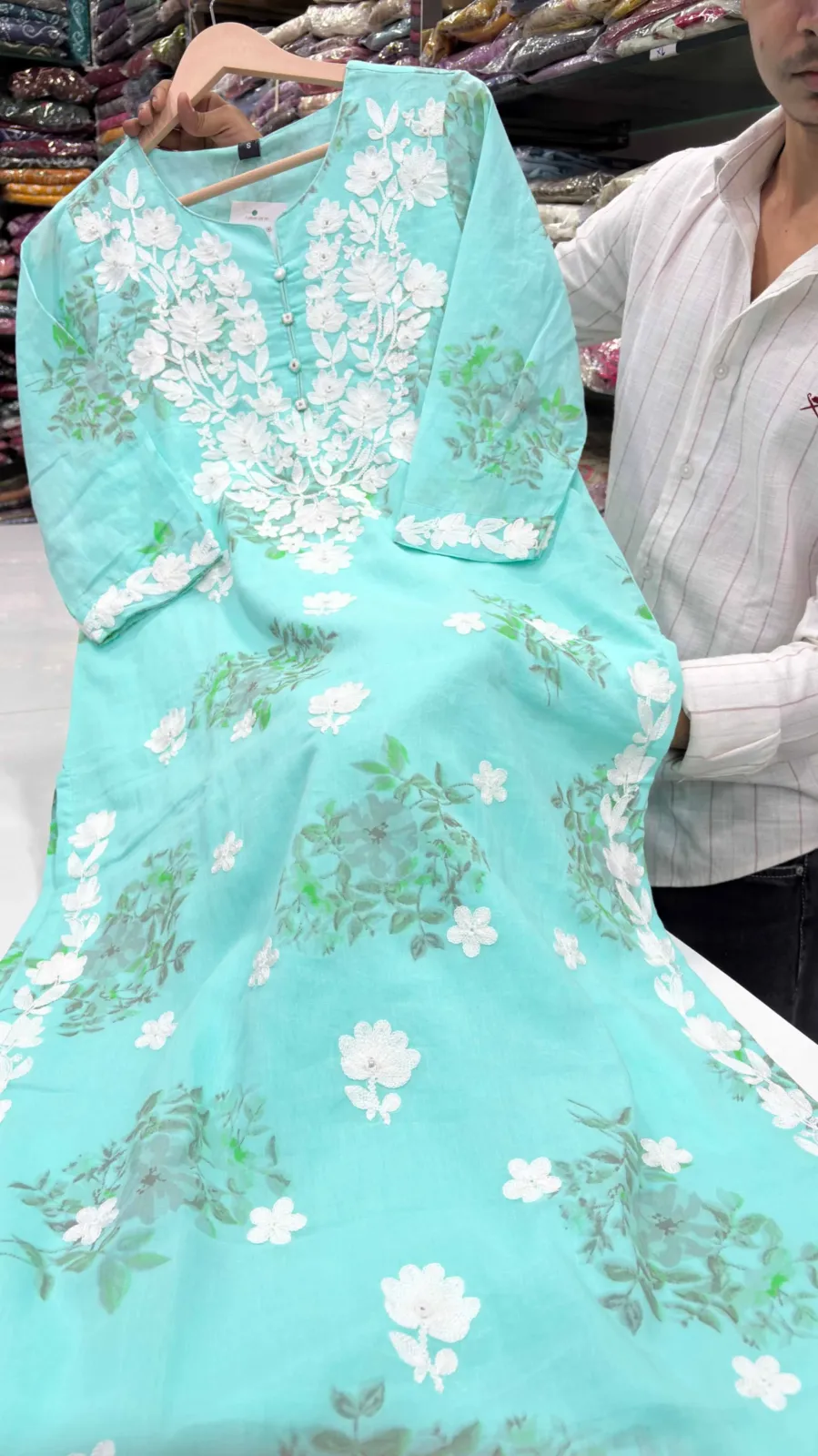 Mint Aqua Floral Embroidered 3-piece suit set