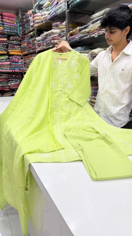Lime Green Embroidered Anarkali 3-Piece Suit Set